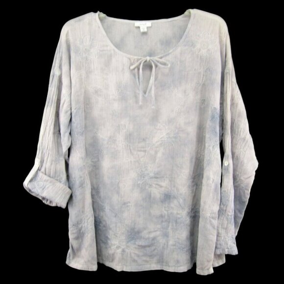 J Jill Pure Jill Gray Tie Dye Embroidered Peasant Tunic Top Size M Petite Boho - Picture 1 of 10